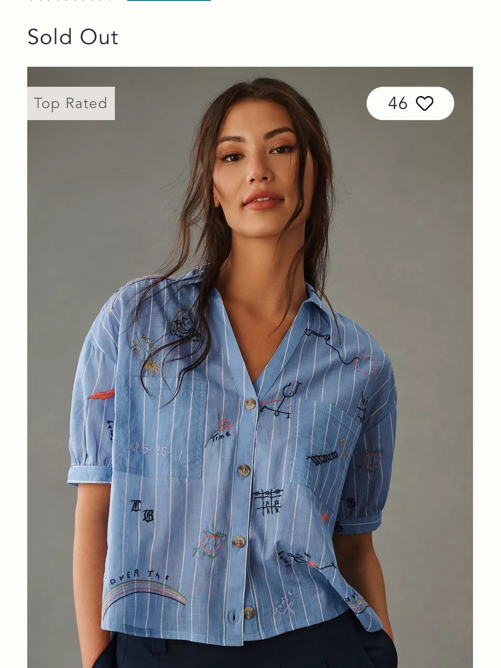 Anthropologie Light Blue Embroidered Striped Button-Down Top